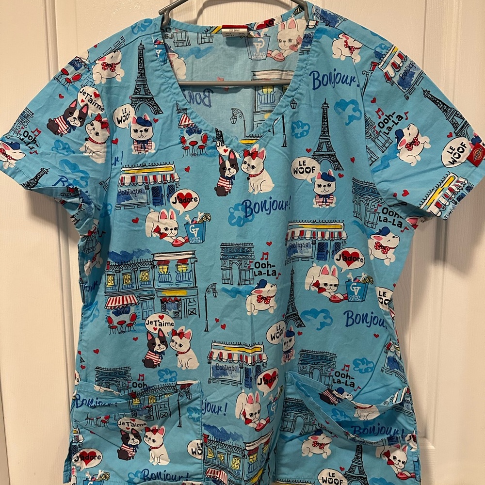 Light blue is Dickies brand. Dark blue is Zoe & Chloe.  Both are like new.
